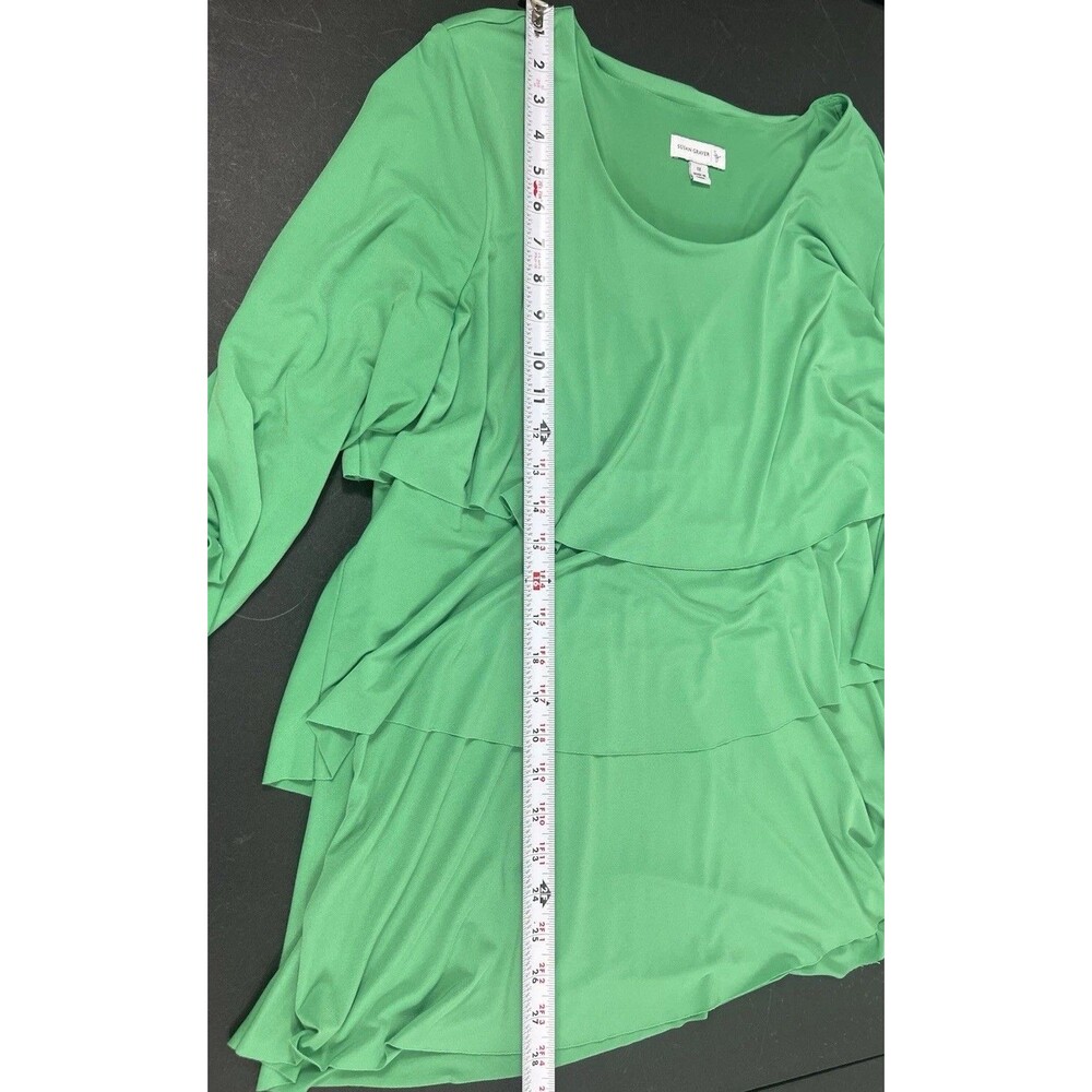 Susan Graver 1X Liquid Knit Tiered Ruffle Top Green Plus Size 3/4 Sleeve Stretch - Picture 7 of 12